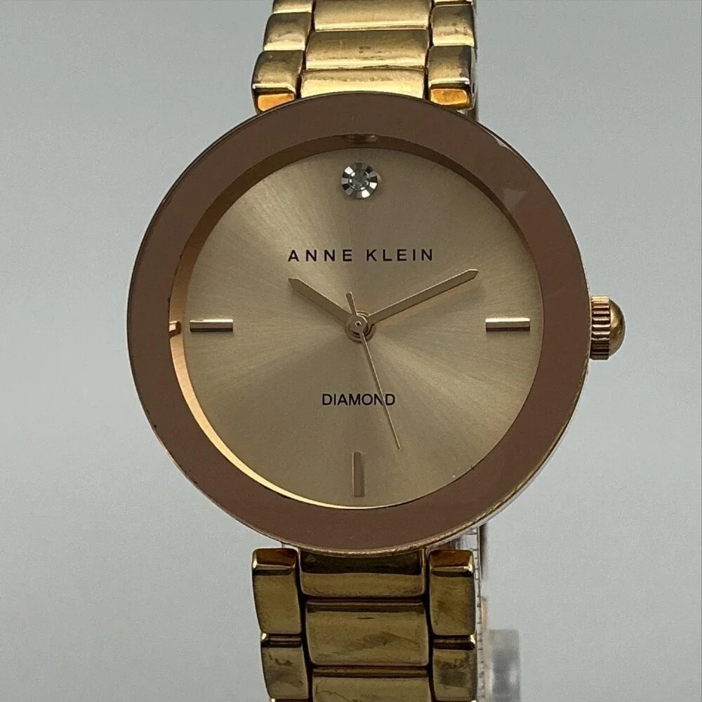 Anne Klein Womens Watch 32mm Champagne Dial Gold Tone Diamond New Battery 7.25